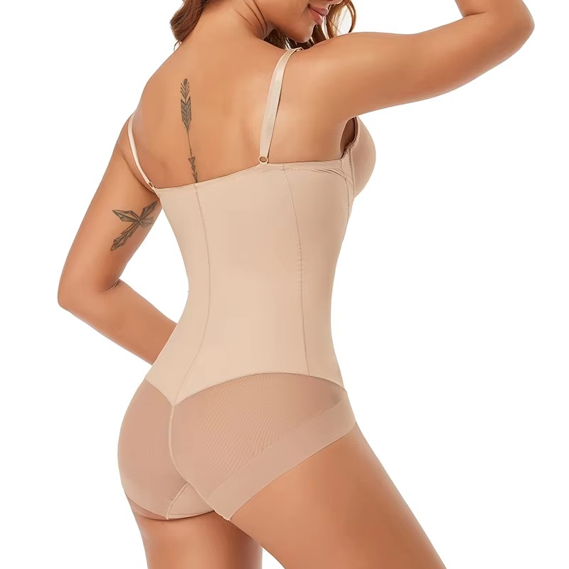 Beige shapewear worn by a model on a white background