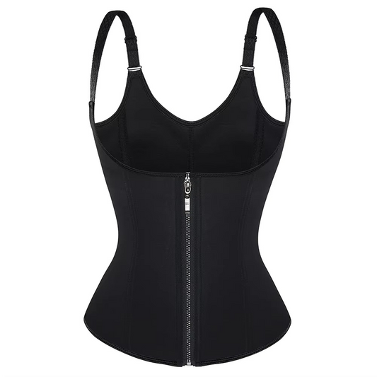 Black waist trainer with straps on a white background