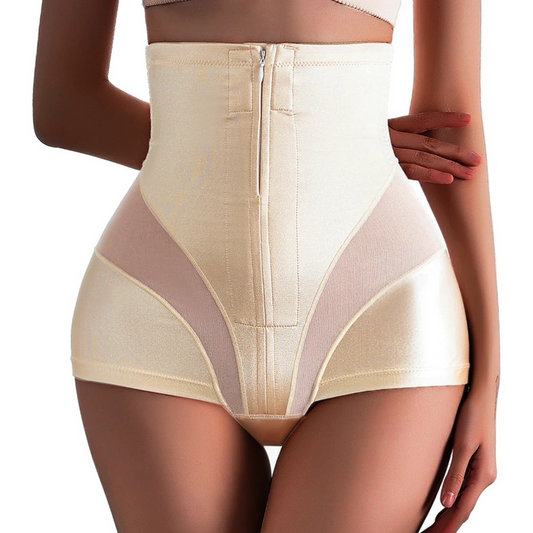 Beige shapewear with a zipper on a white background