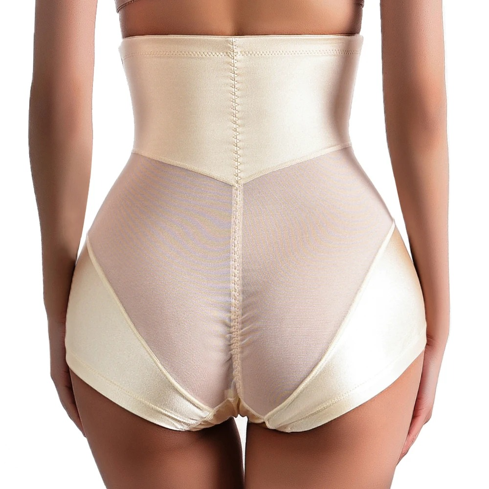 Beige shapewear garment on a model against a white background