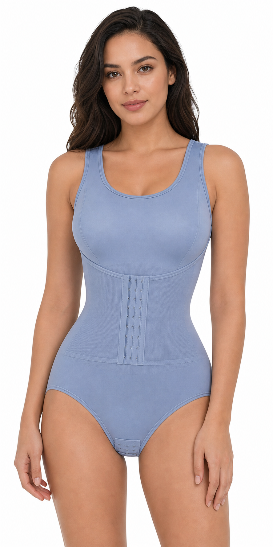 Woman wearing a blue bodysuit on a white background