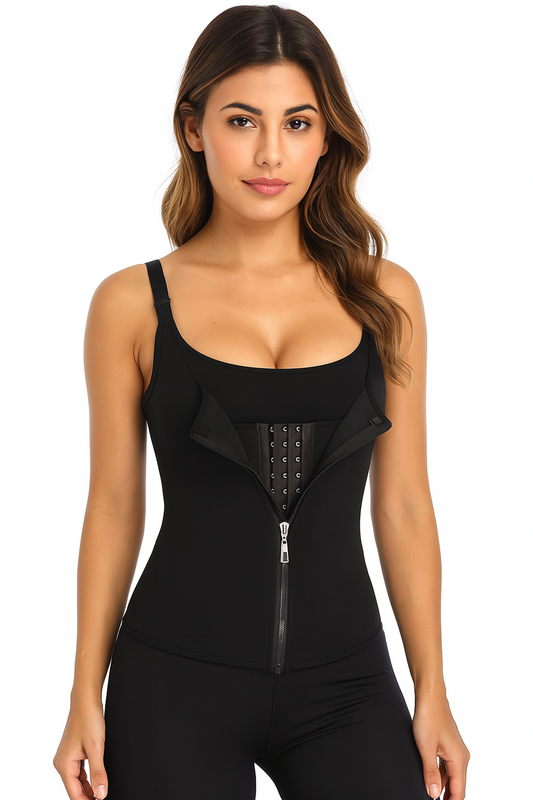 Woman wearing a black waist training corset on a white background