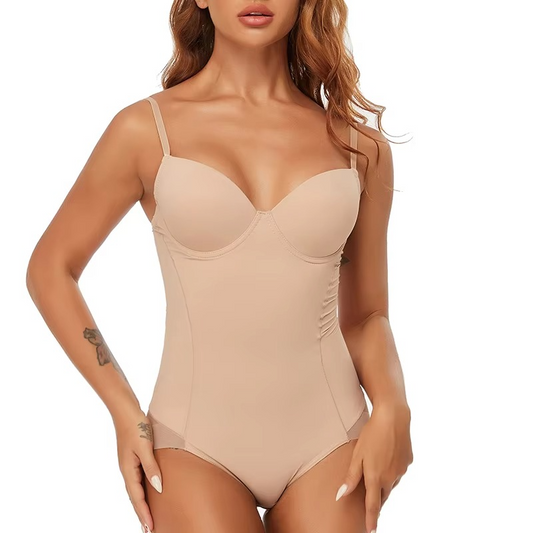 Beige shapewear worn by a model on a white background