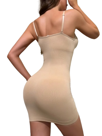 Beige shapewear garment worn by a model on a white background