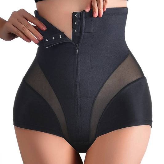 Black shapewear with mesh panels on a white background