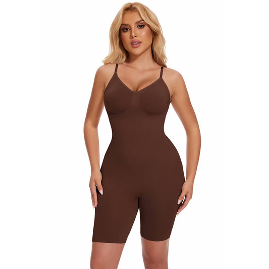 Woman wearing a brown shapewear bodysuit on a white background