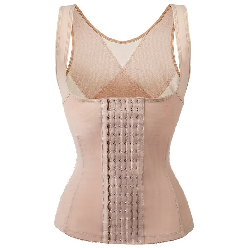 beige waist trainer vest with front hook and eye closure.