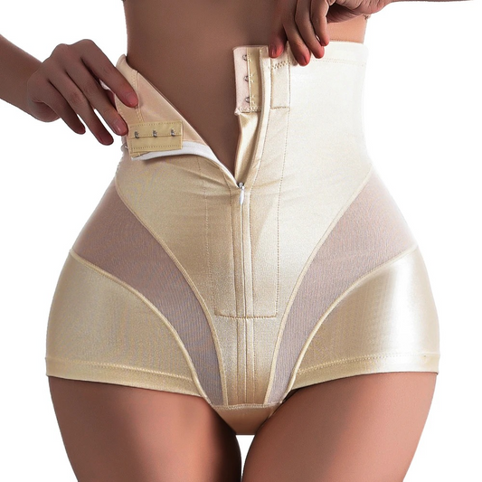 Beige shapewear with a zipper on a white background