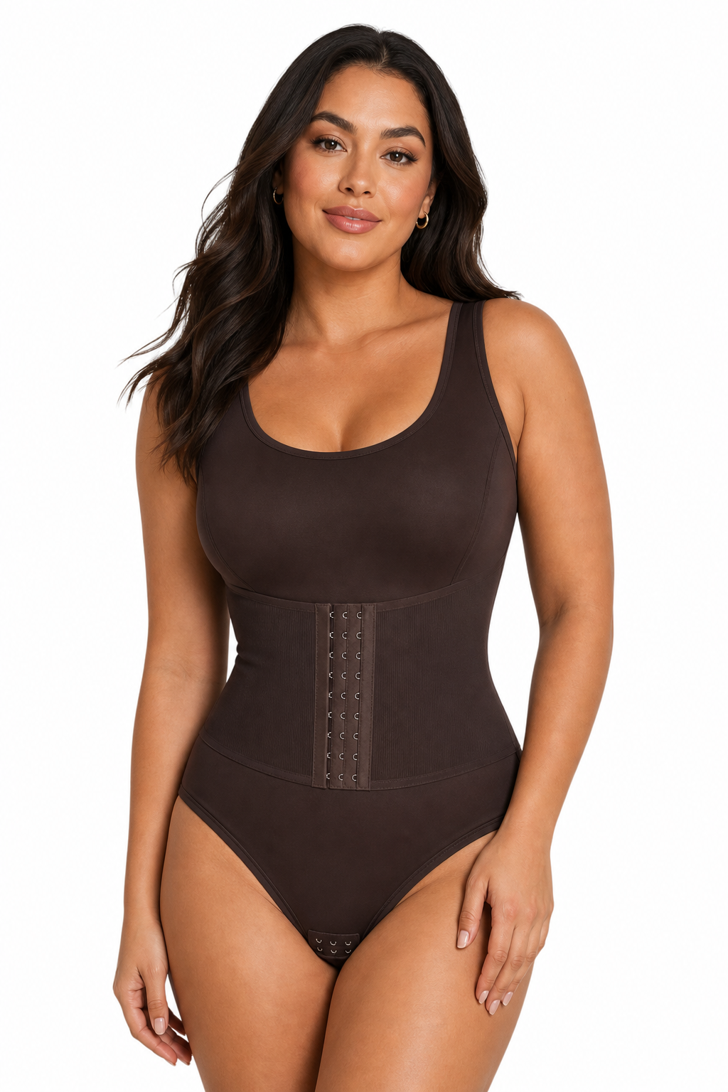 Woman wearing a brown bodysuit on a white background